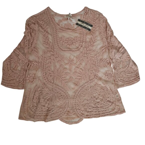 Ultra Pink Light Pink Lace Embroidered Floral 3/4 Sleeve Blouse Women's Size 1X - Picture 2 of 10